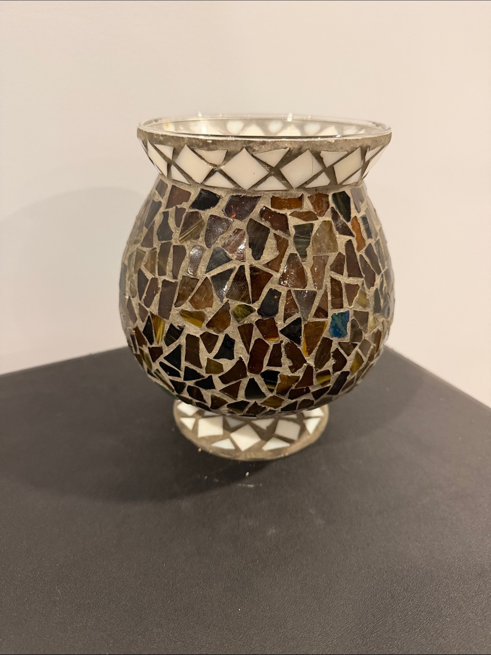 Home Interiors White and Brown Mosaic Candle Holder